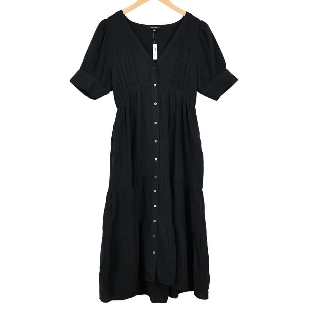 Madewell Lightspun Gauze Button Front Tiered Midi Dress True Black Size 6 NWT